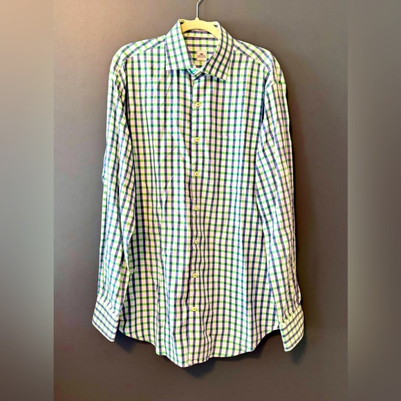 Peter Millar Summer Comfort Button Down Shirt Men's Large Blue White Green Check - Picture 1 of 2